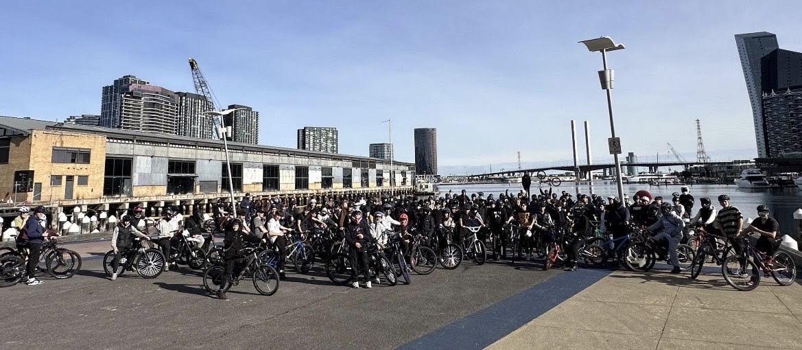 A large group of riders gathered at the Long Beach waterfront